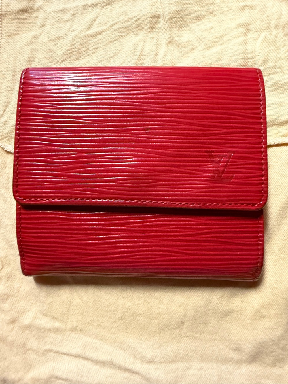 Louis Vuitton red epi leather bi fold wallet with dust bag